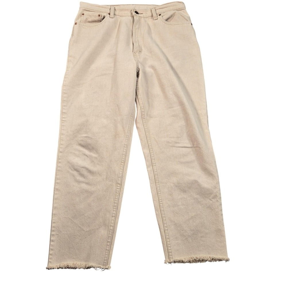 Vintage Levis Jeans Mens 34x26 Beige Relaxed Straight High Rise Raw Hem Denim